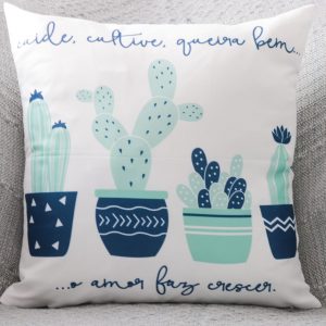 Capa Almofada 47x47cm - Cacto Cuide Cultive - Azul Menta